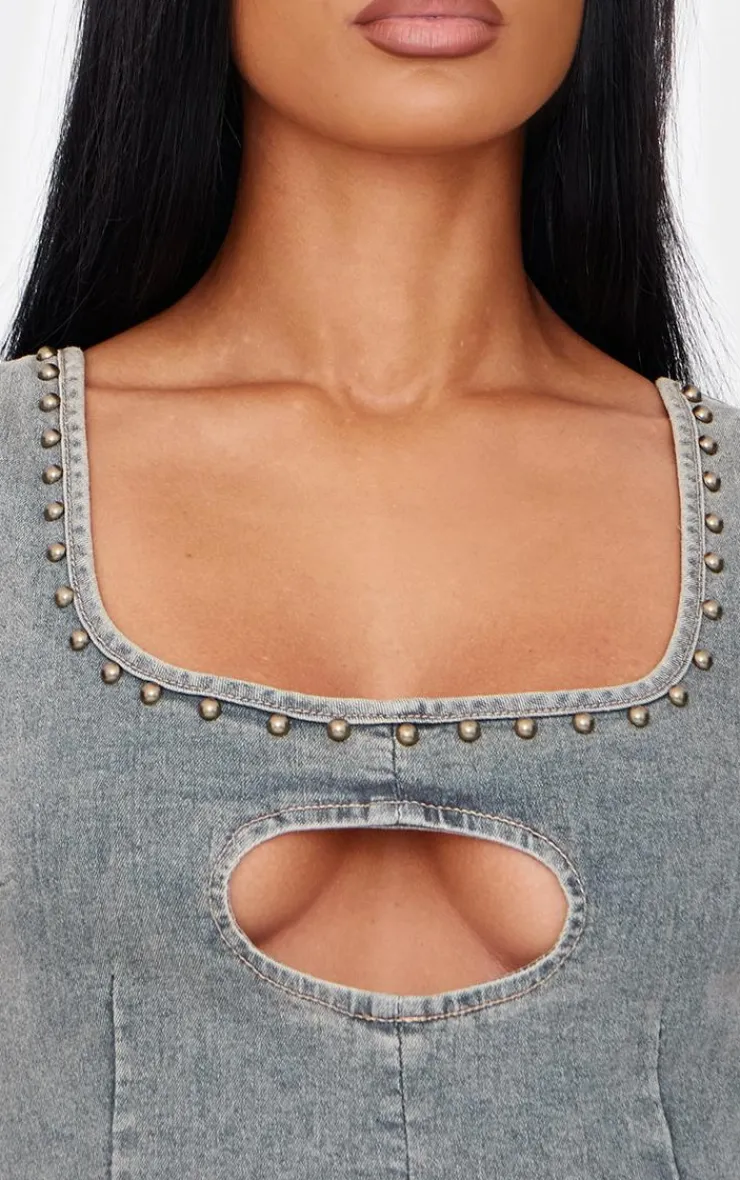 Outlet PrettyLittleThing Sleeveless Western Studded Keyhole Detail Denim Top Vintage