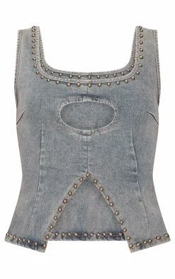Outlet PrettyLittleThing Sleeveless Western Studded Keyhole Detail Denim Top Vintage