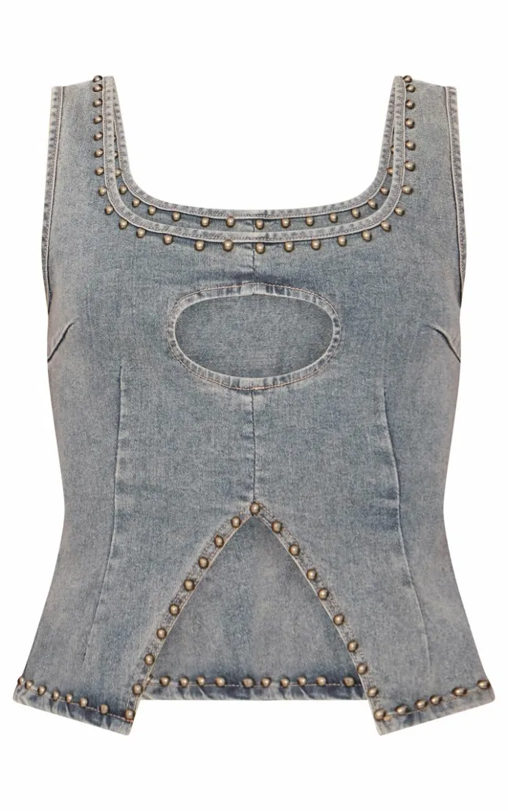 Outlet PrettyLittleThing Sleeveless Western Studded Keyhole Detail Denim Top Vintage