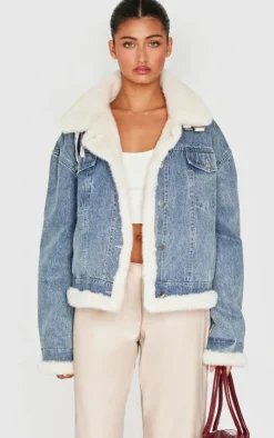 PrettyLittleThing Aviator Jackets*Vintage Soft Faux Fur Aviator Style Denim Jacket