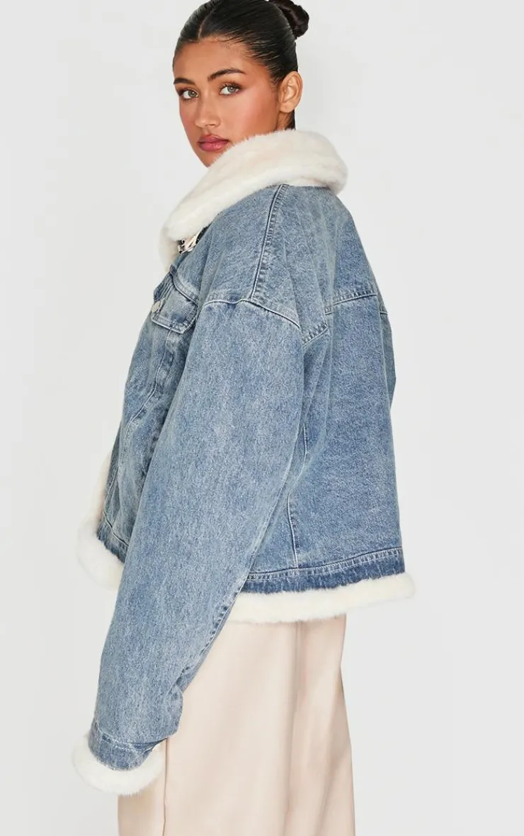 PrettyLittleThing Aviator Jackets*Vintage Soft Faux Fur Aviator Style Denim Jacket