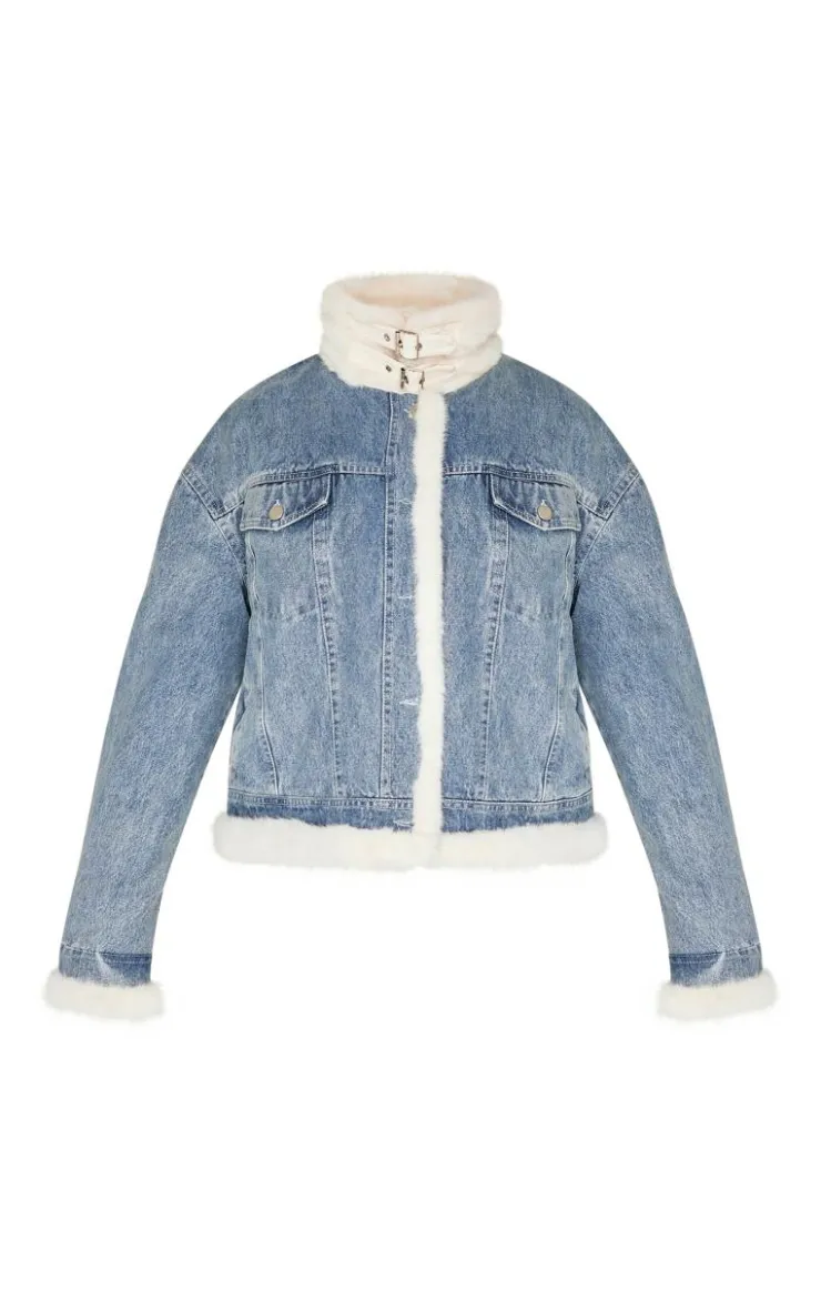 PrettyLittleThing Aviator Jackets*Vintage Soft Faux Fur Aviator Style Denim Jacket