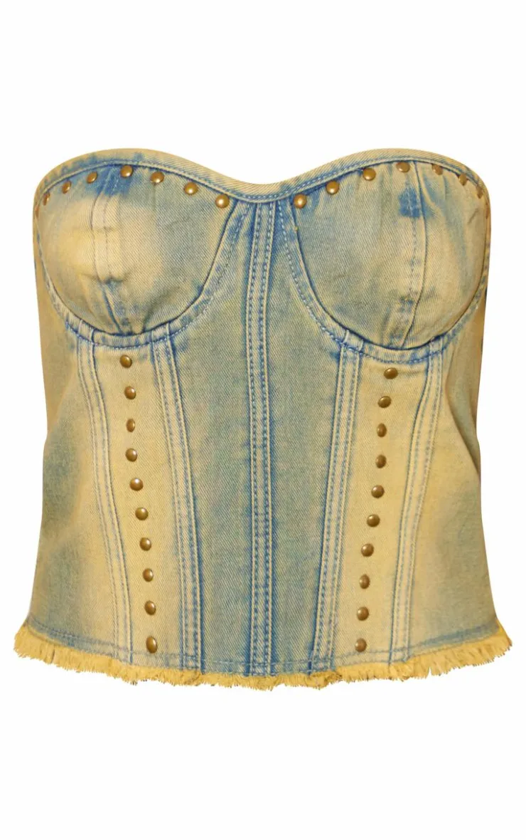 Discount PrettyLittleThing Studded Raw Hem Bandeau Denim Crop Top Vintage