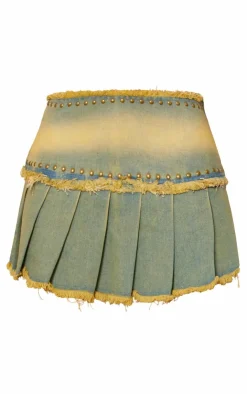 Outlet PrettyLittleThing Studded Raw Hem Pleated Denim Mini Skirt Vintage