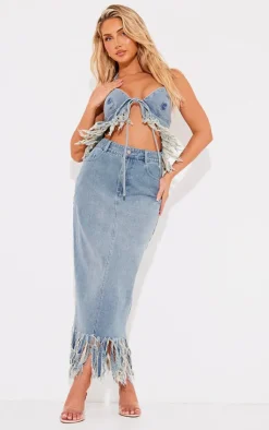 New PrettyLittleThing Tassel Denim Extreme Fray Midi Skirt Vintage