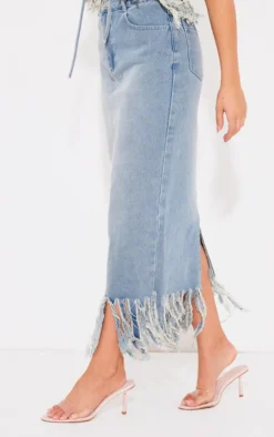 New PrettyLittleThing Tassel Denim Extreme Fray Midi Skirt Vintage