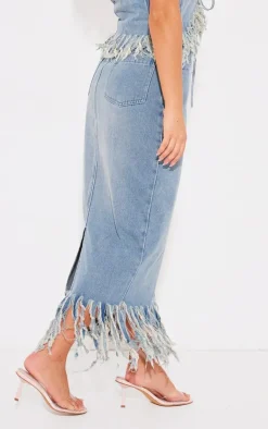 New PrettyLittleThing Tassel Denim Extreme Fray Midi Skirt Vintage