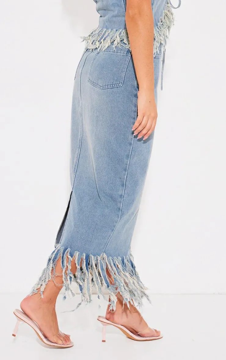 New PrettyLittleThing Tassel Denim Extreme Fray Midi Skirt Vintage