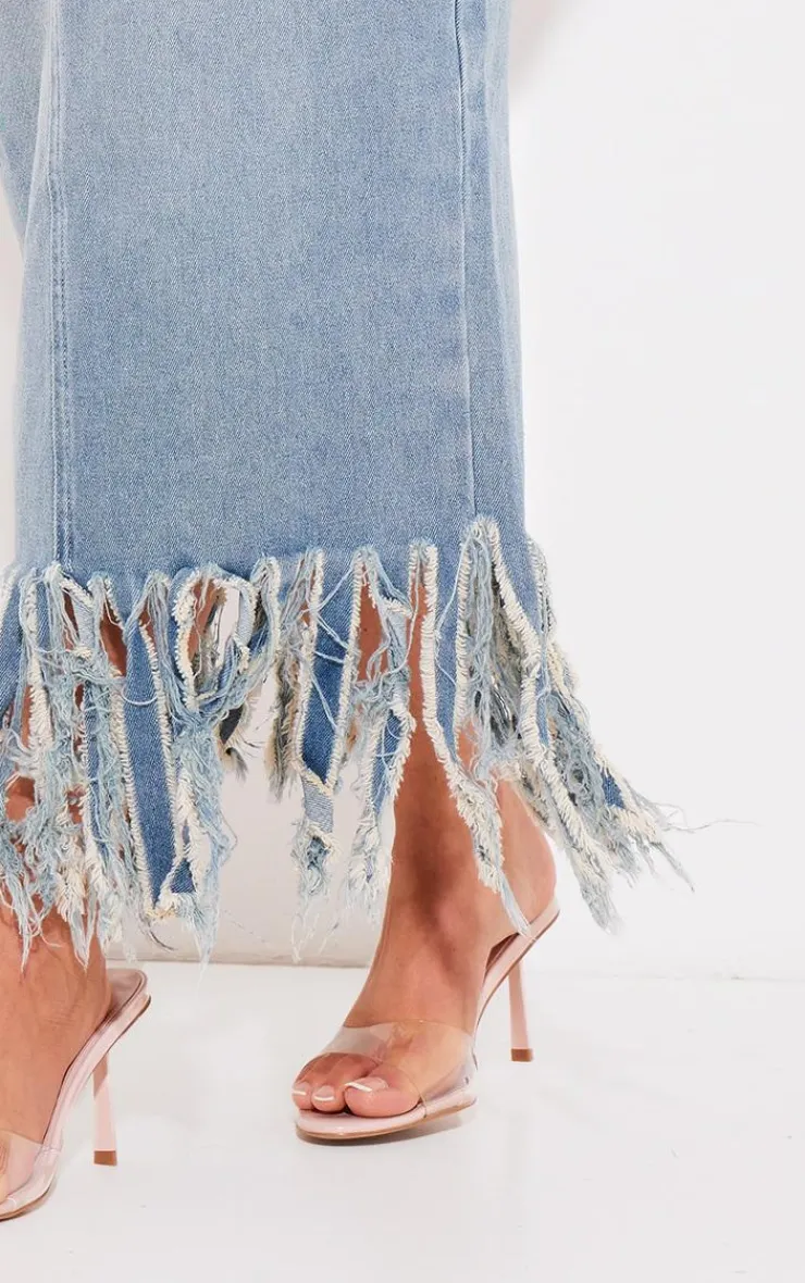New PrettyLittleThing Tassel Denim Extreme Fray Midi Skirt Vintage