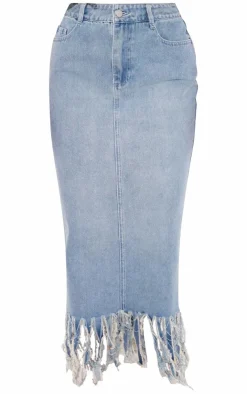 New PrettyLittleThing Tassel Denim Extreme Fray Midi Skirt Vintage