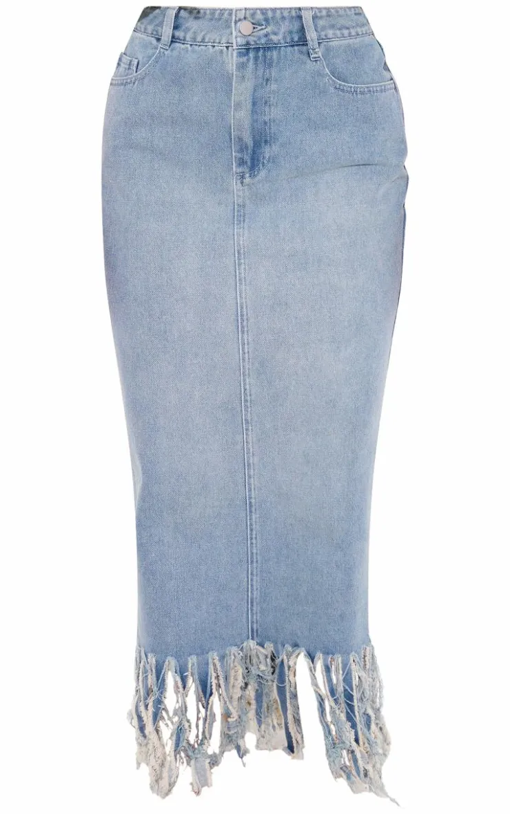 New PrettyLittleThing Tassel Denim Extreme Fray Midi Skirt Vintage