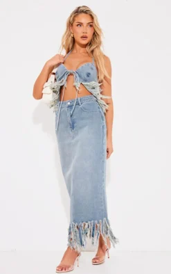 Discount PrettyLittleThing Tassel Halterneck Extreme Fray Denim Bralet Vintage