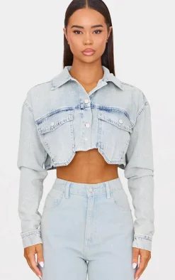 New PrettyLittleThing Cargo Cropped Denim Jacket Vintage Wash