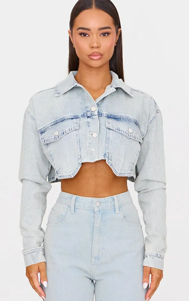 New PrettyLittleThing Cargo Cropped Denim Jacket Vintage Wash