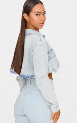 New PrettyLittleThing Cargo Cropped Denim Jacket Vintage Wash