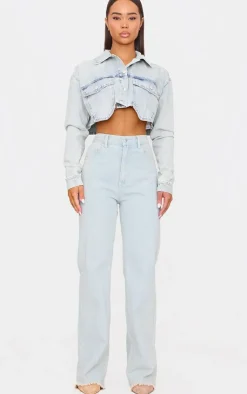 New PrettyLittleThing Cargo Cropped Denim Jacket Vintage Wash