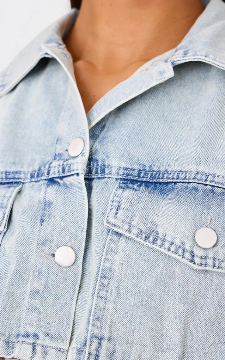 New PrettyLittleThing Cargo Cropped Denim Jacket Vintage Wash