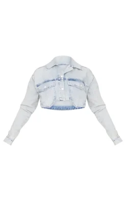 New PrettyLittleThing Cargo Cropped Denim Jacket Vintage Wash