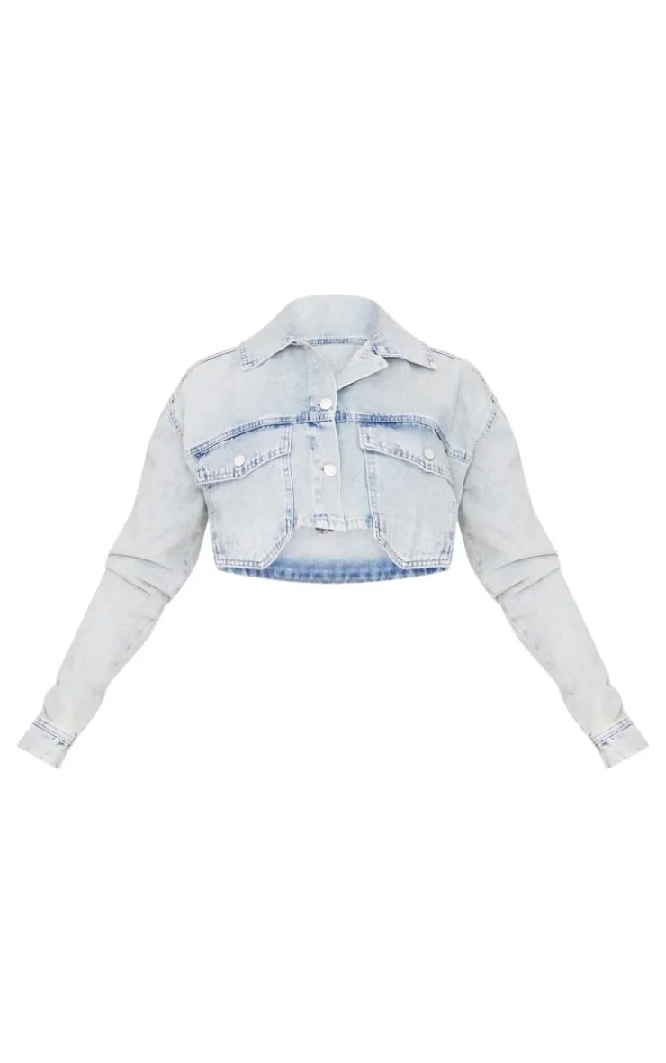 New PrettyLittleThing Cargo Cropped Denim Jacket Vintage Wash
