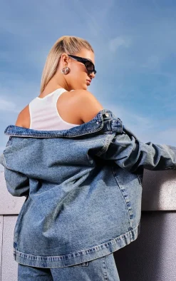 PrettyLittleThing Cargo Pocket Oversized Denim Jacket Vintage Wash