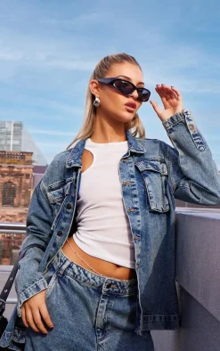 PrettyLittleThing Cargo Pocket Oversized Denim Jacket Vintage Wash