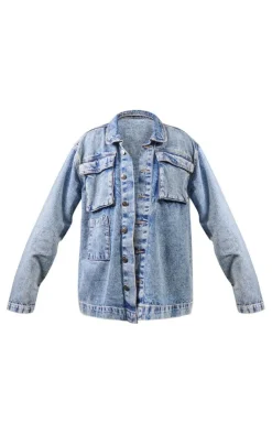 PrettyLittleThing Cargo Pocket Oversized Denim Jacket Vintage Wash