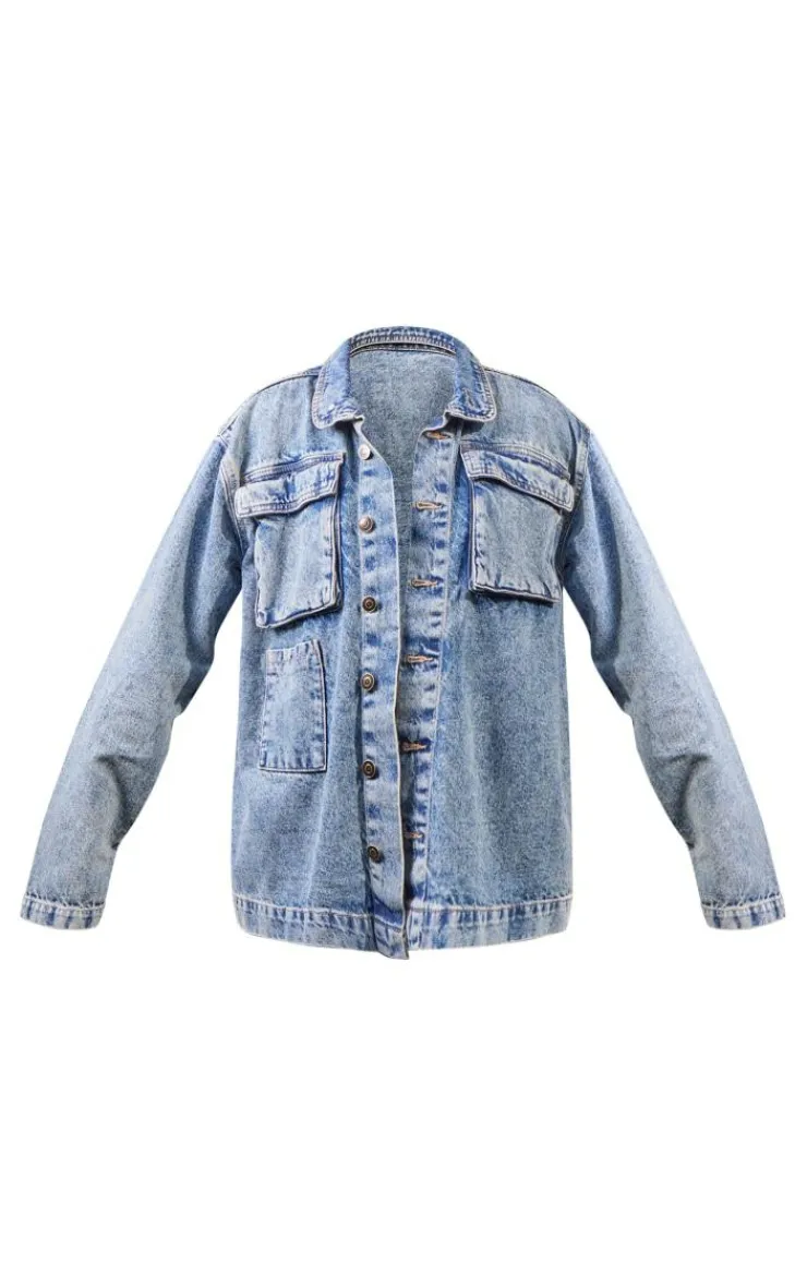 PrettyLittleThing Cargo Pocket Oversized Denim Jacket Vintage Wash