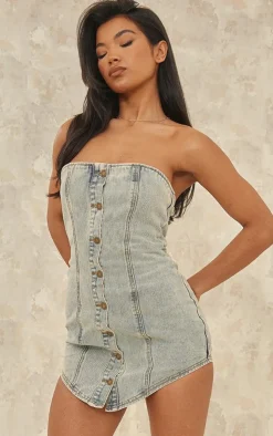 Curved Hem Button Through Denim Mini Dress-PrettyLittleThing Online