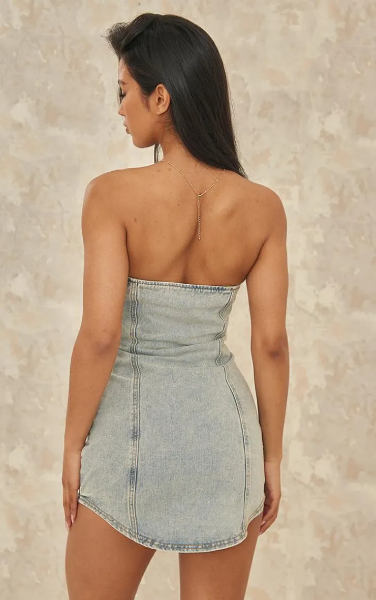 Curved Hem Button Through Denim Mini Dress-PrettyLittleThing Online