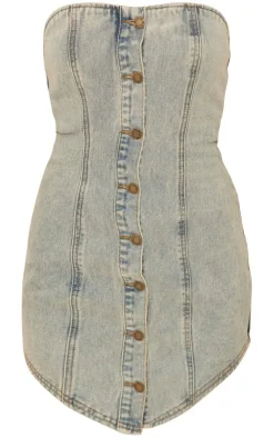 Curved Hem Button Through Denim Mini Dress-PrettyLittleThing Online