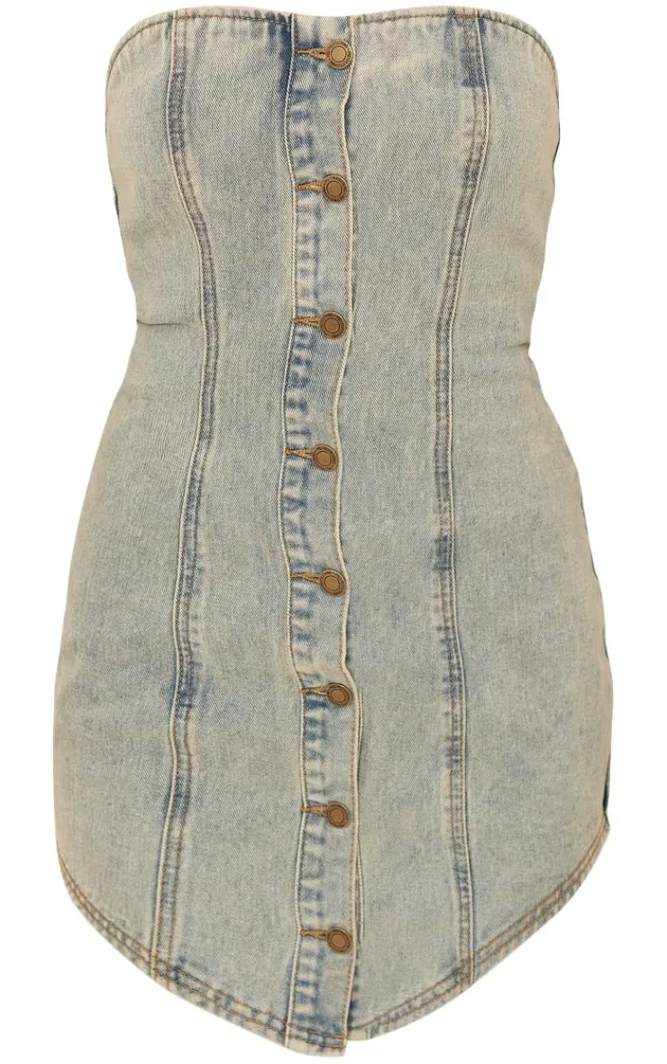 Curved Hem Button Through Denim Mini Dress-PrettyLittleThing Online