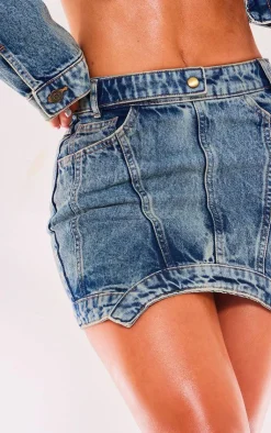 New PrettyLittleThing Curved Hem Denim Mini Skirt Vintage Wash