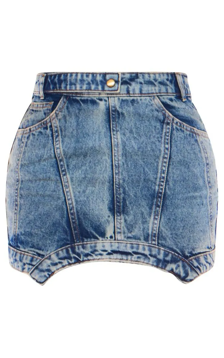 New PrettyLittleThing Curved Hem Denim Mini Skirt Vintage Wash