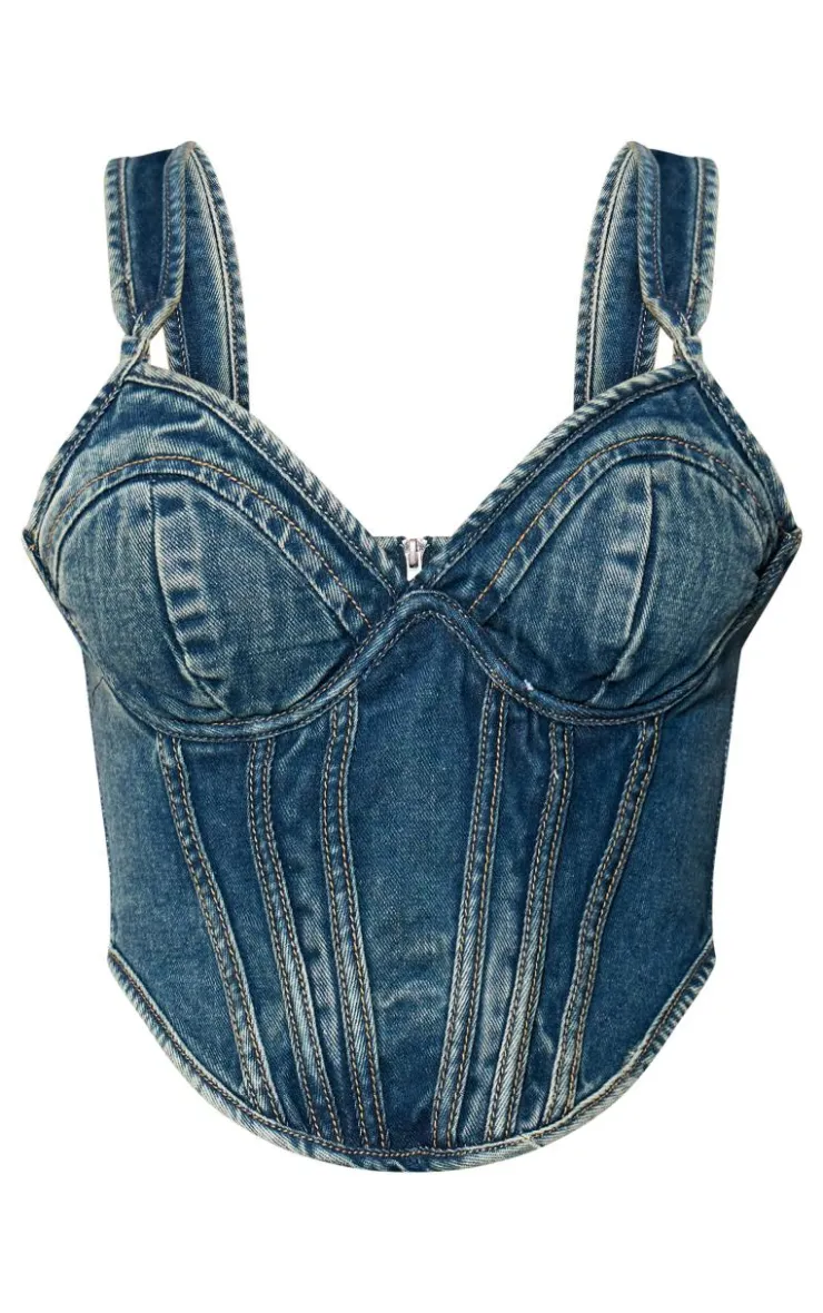 Dip Hem Bust Cup Denim Corset-PrettyLittleThing Outlet