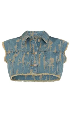 PrettyLittleThing Distressed Button Up Crop Vest Vintage Wash