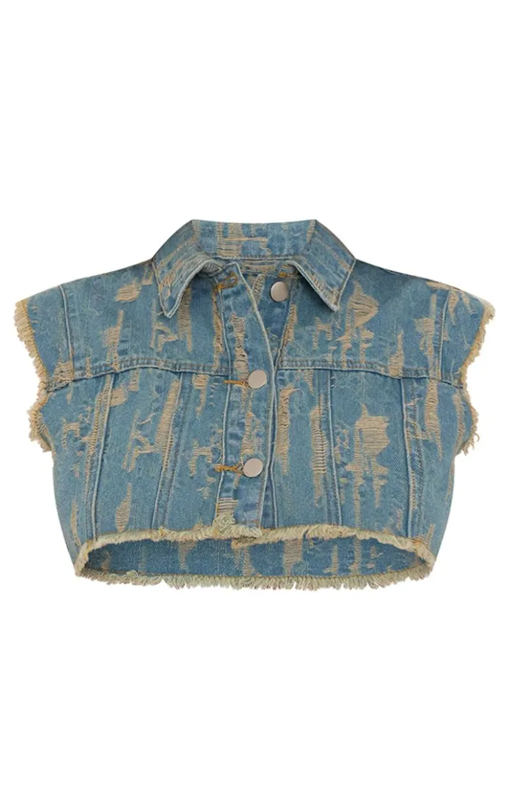 PrettyLittleThing Distressed Button Up Crop Vest Vintage Wash