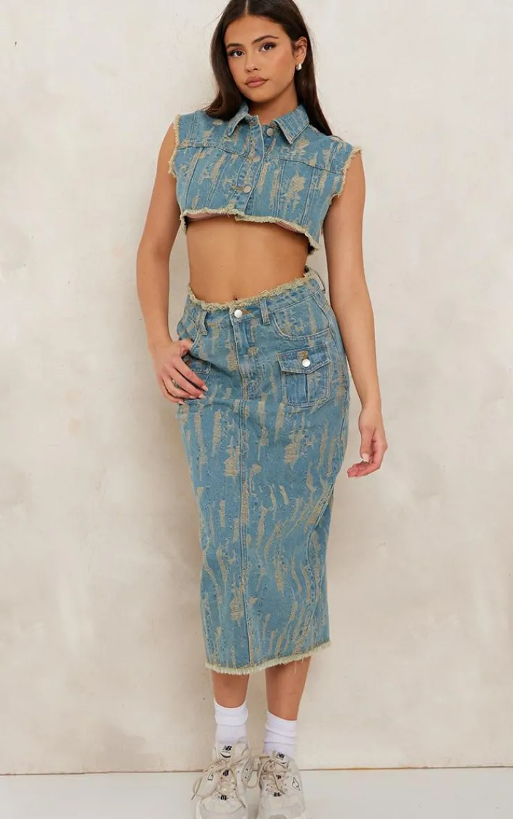Sale PrettyLittleThing Distressed Midi Skirt Vintage Wash