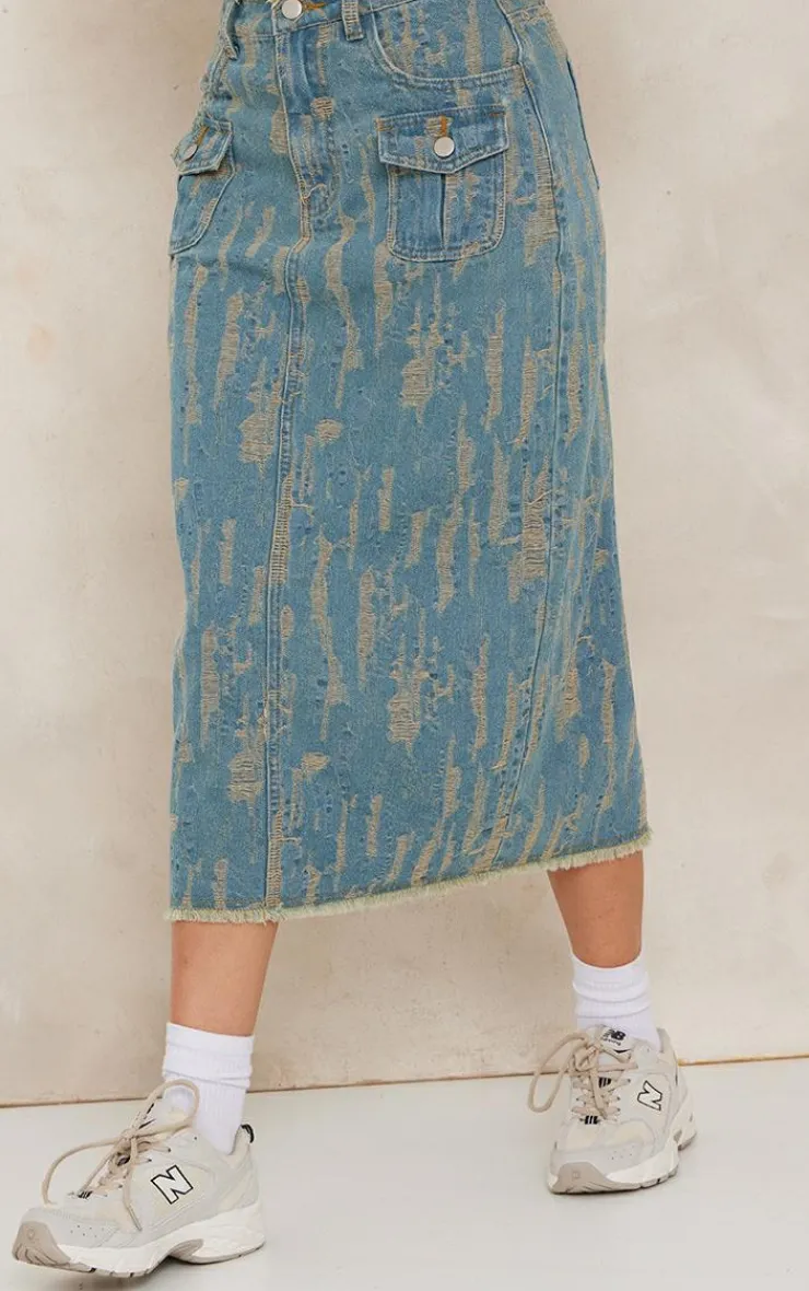 Sale PrettyLittleThing Distressed Midi Skirt Vintage Wash