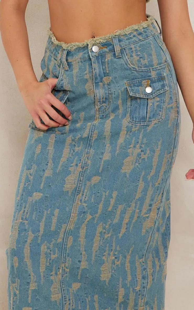Sale PrettyLittleThing Distressed Midi Skirt Vintage Wash