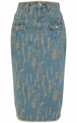 Sale PrettyLittleThing Distressed Midi Skirt Vintage Wash
