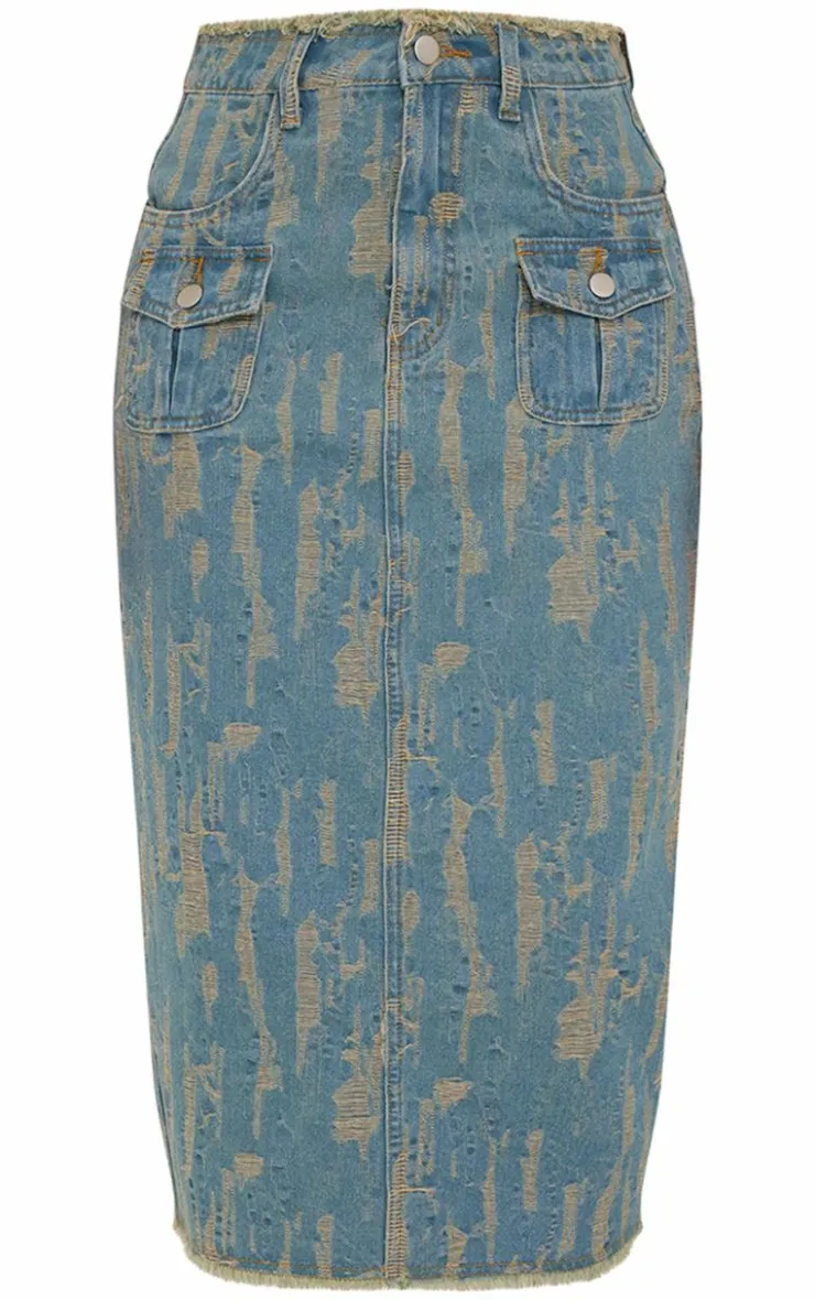 Sale PrettyLittleThing Distressed Midi Skirt Vintage Wash