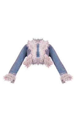 PrettyLittleThing Faux Fur Coats*Faux Fur Trim Cropped Denim Jacket