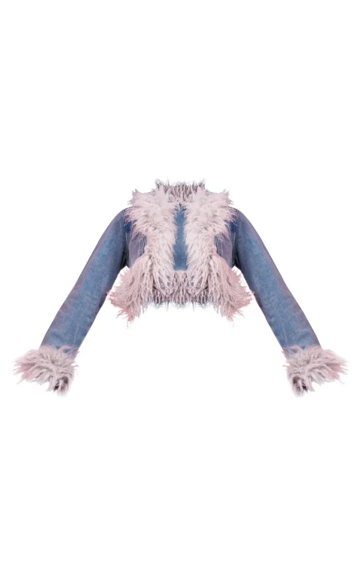 PrettyLittleThing Faux Fur Coats*Faux Fur Trim Cropped Denim Jacket
