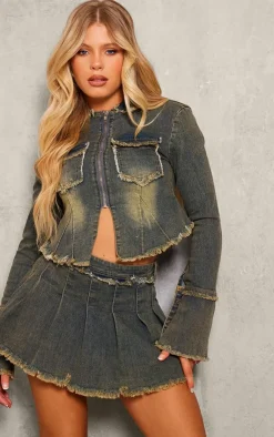 Sale PrettyLittleThing Frayed Detail Zip Up Shirt Vintage Wash