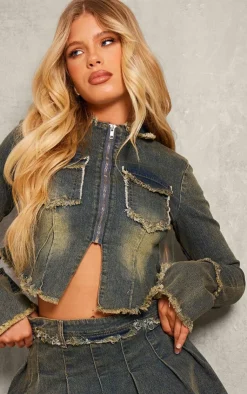 Sale PrettyLittleThing Frayed Detail Zip Up Shirt Vintage Wash