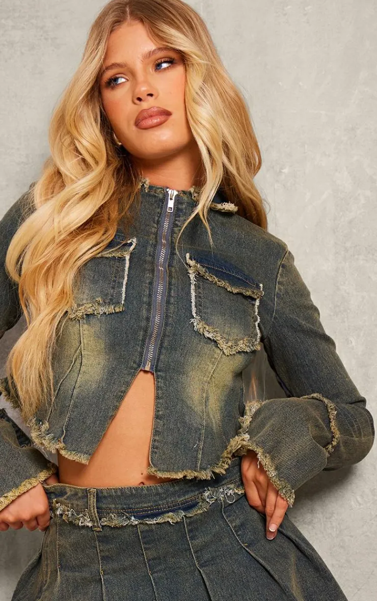Sale PrettyLittleThing Frayed Detail Zip Up Shirt Vintage Wash