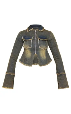 Sale PrettyLittleThing Frayed Detail Zip Up Shirt Vintage Wash