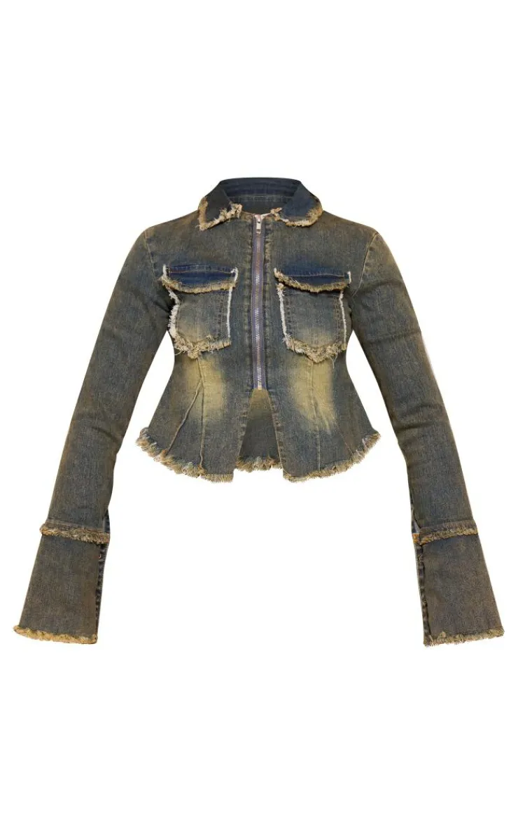 Sale PrettyLittleThing Frayed Detail Zip Up Shirt Vintage Wash