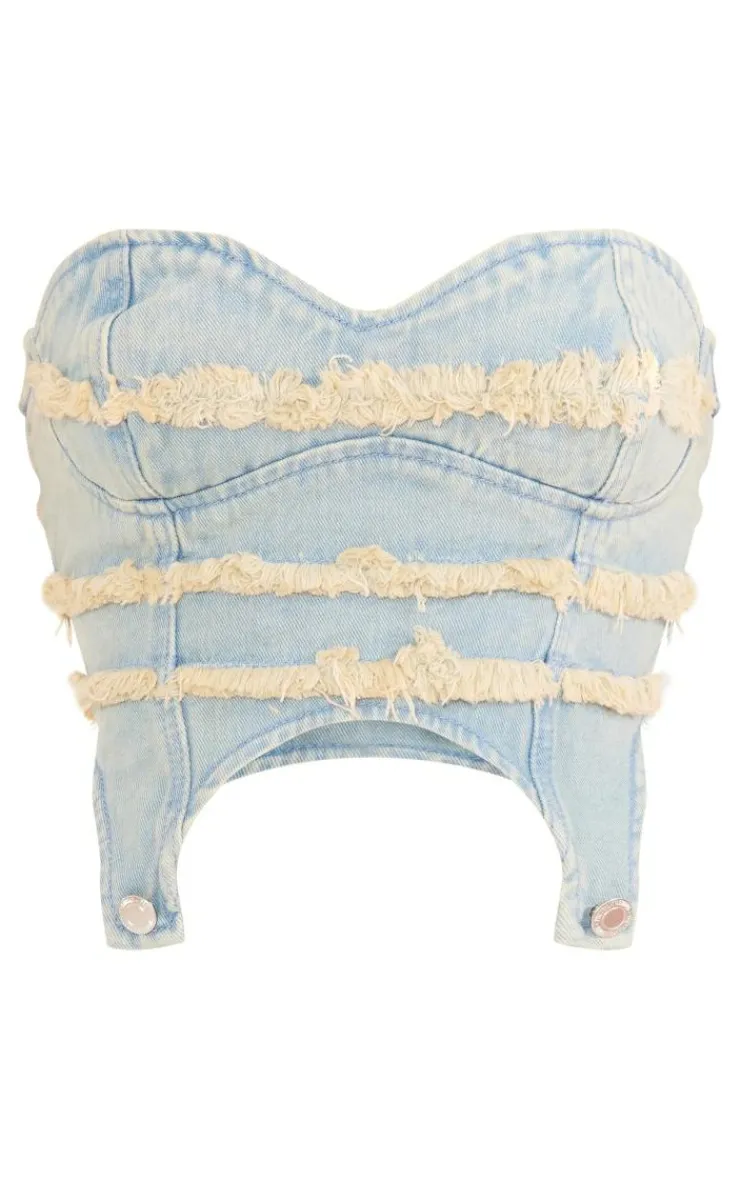 Online PrettyLittleThing Frayed Seam Detail Denim Corset Vintage Wash