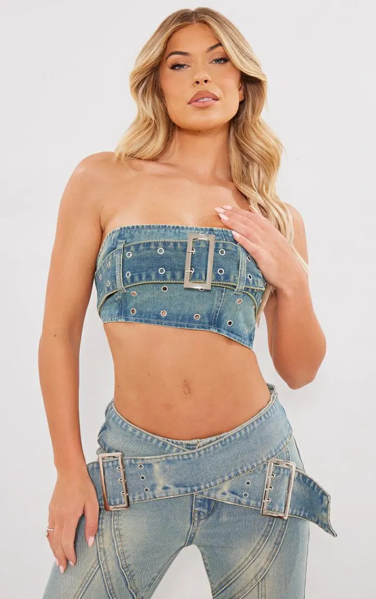 Outlet PrettyLittleThing Green Tint Belt Detail Denim Bandeau Crop Top Vintage Wash